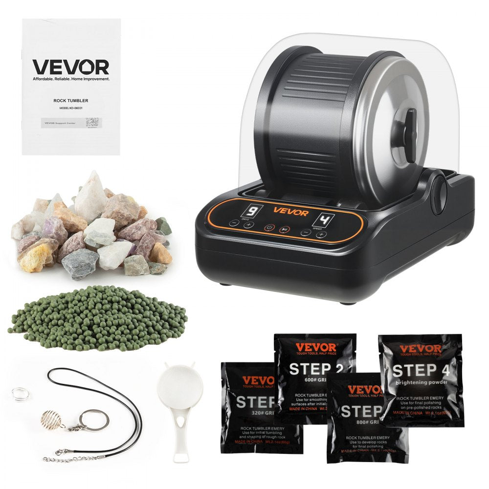 VEVOR Rock Tumbler, 3 lb Rock Polishing Machine, Rocks Tumbling Kit with 4-Speed Adjustment, 1-9 Day Timer, PC Sound
