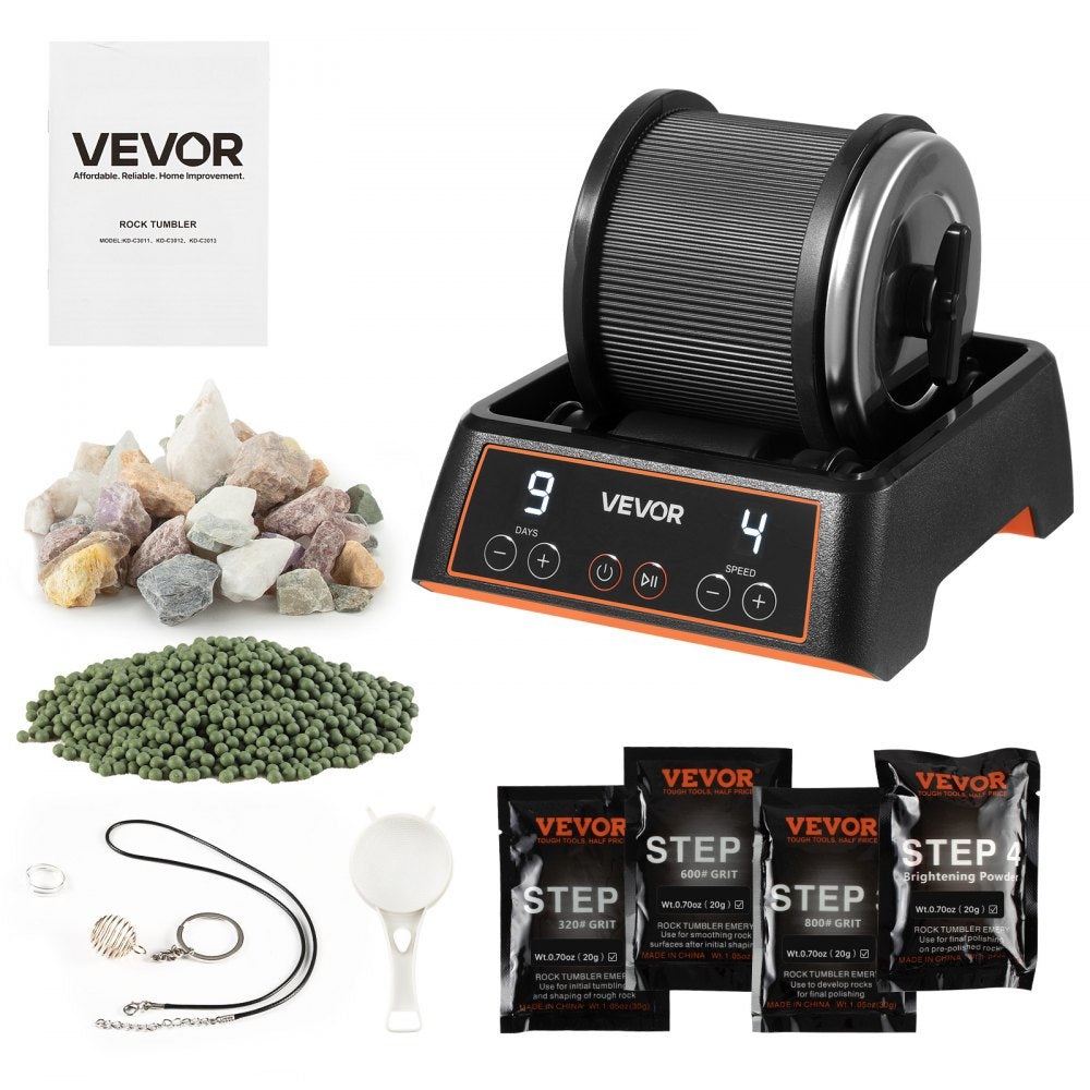 VEVOR Rock Tumbler Kit 1 lb Rock Polishing Machine Rocks Tumbling Kit, for Rose Quartz, Amethyst, 1-9 Day Timer, with