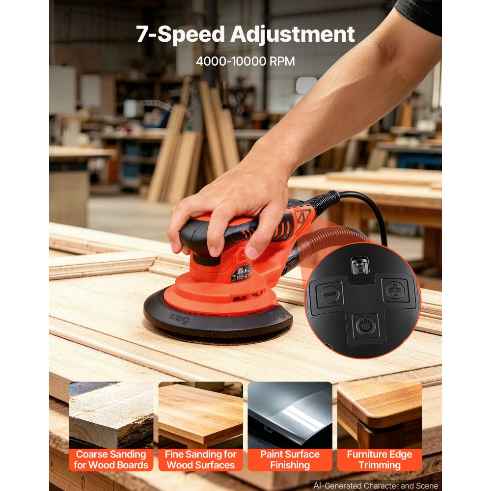 VEVOR 5 & 6-Inch Random Orbital Sander 400W Brushless Orbital Sander, 4000-10000RPM 7 Speeds Electric Palm Sanders with