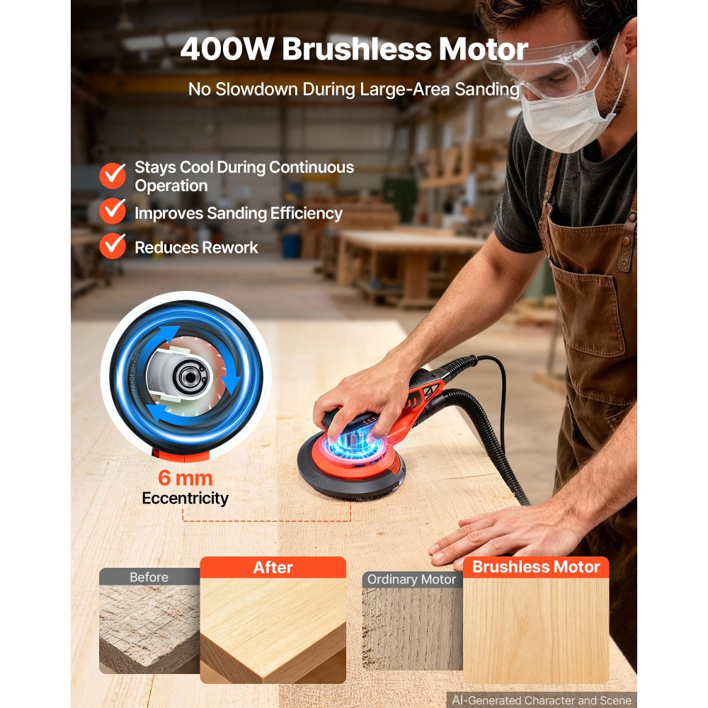 VEVOR 6-Inch Random Orbital Sander 400W Brushless Orbital Sander, 4000-10000RPM 7 Speeds Electric Palm Sanders with