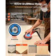VEVOR 6-Inch Random Orbital Sander 400W Brushless Orbital Sander, 4000-10000RPM 7 Speeds Electric Palm Sanders with