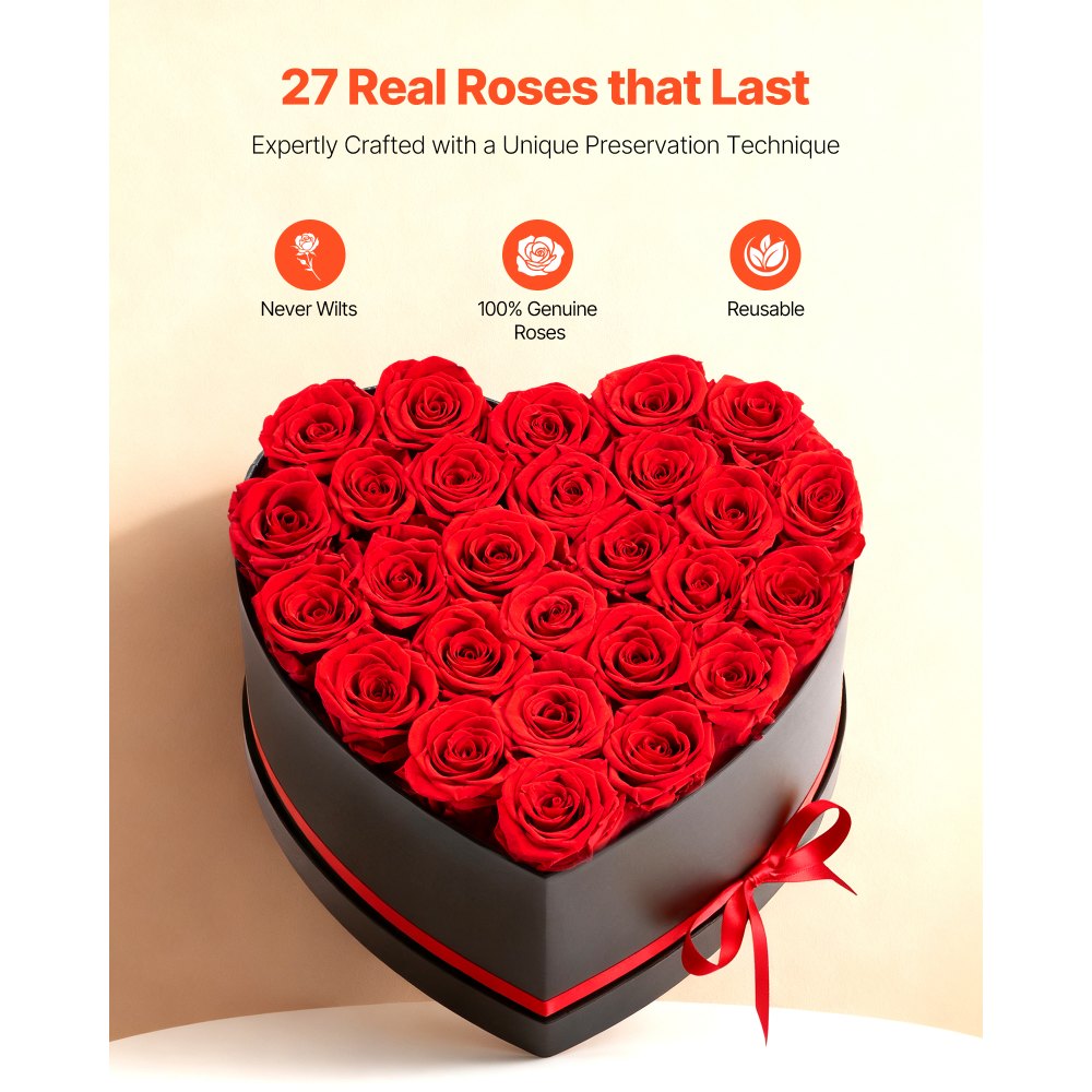 VEVOR Forever Flowers, 27 Preserved Roses in a Heart Shape Box, Eternal Flowers Immortal Bouquet Birthday Present for