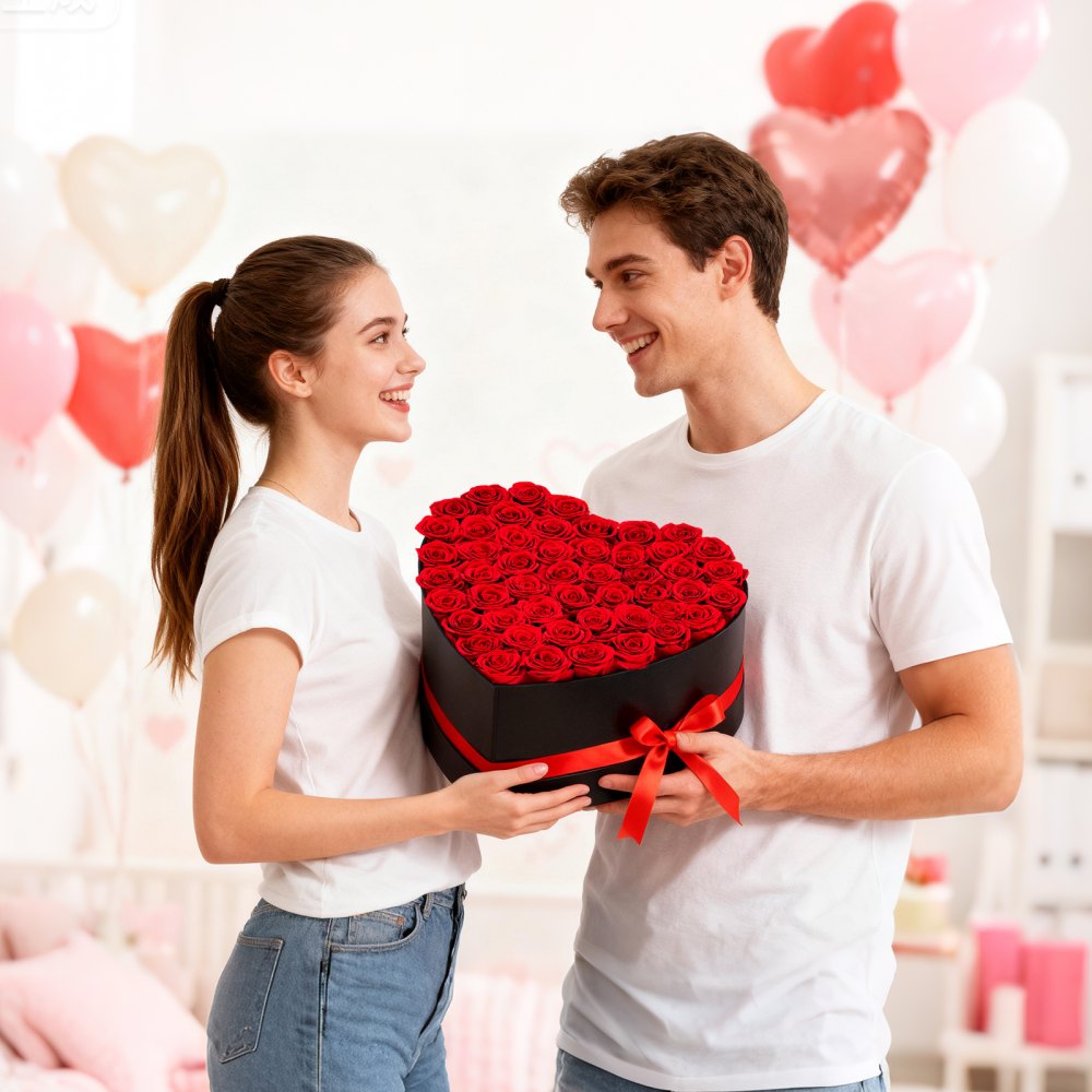 VEVOR Forever Flowers, 50 Preserved Roses in a Heart Shape Box, Eternal Flowers Immortal Bouquet Birthday Present for