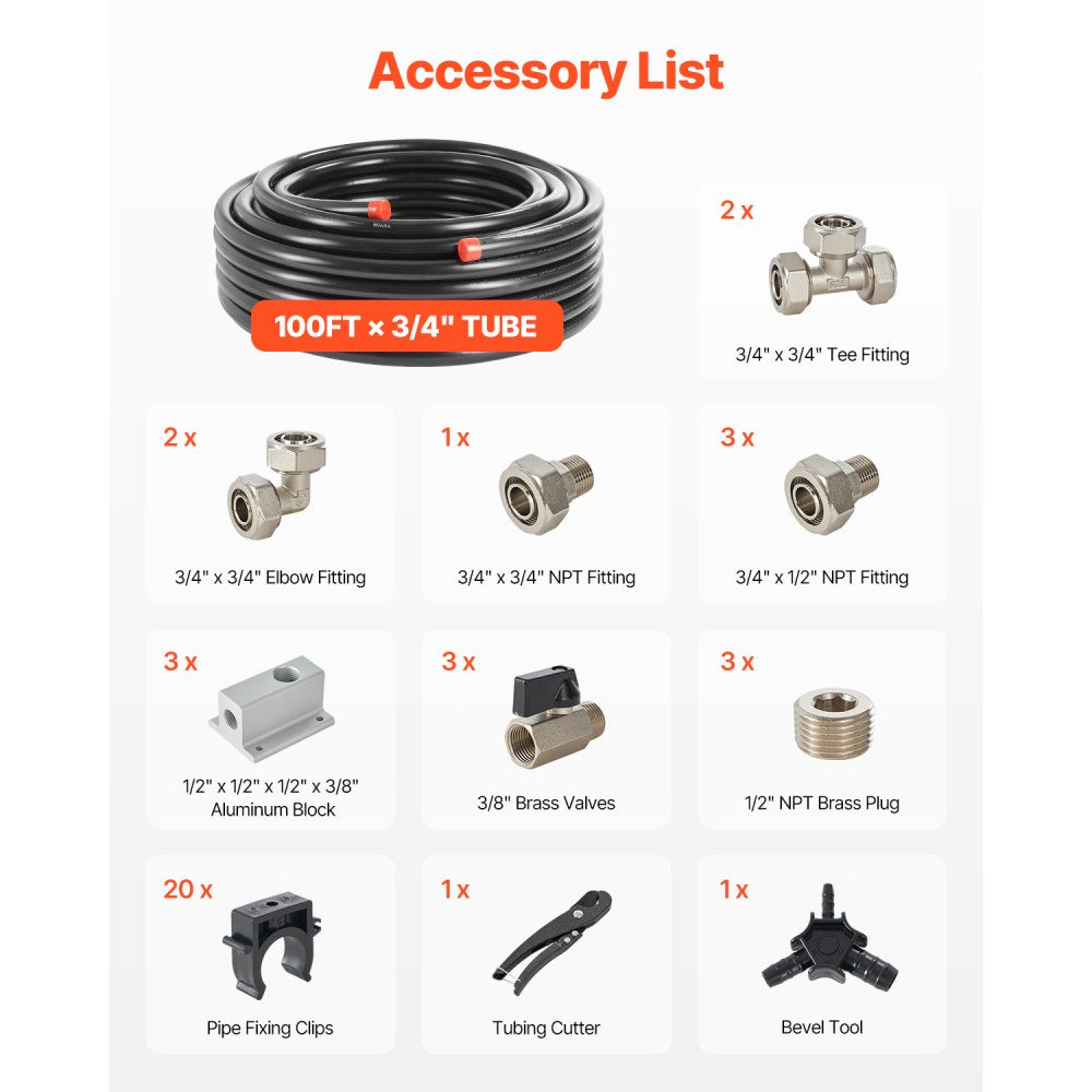VEVOR Air Compressor Line Kit, 100FT x 3/4", HDPE-Aluminum Compressed Air Piping System, Leak-Proof, Pressure-Resistant