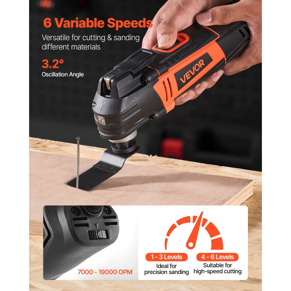 VEVOR Multitool Oscillating Tool, 4Amps Electric Oscillating Multi Tool Corded with 6 Variable Speeds 7000 - 19000 OPM