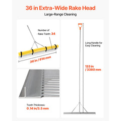 VEVOR Landscape Rake, 36 inch Wide Head 102 inch Handle, Large Heavy Duty Aluminum Landscaping Leaf Rake Tool, Asphalt