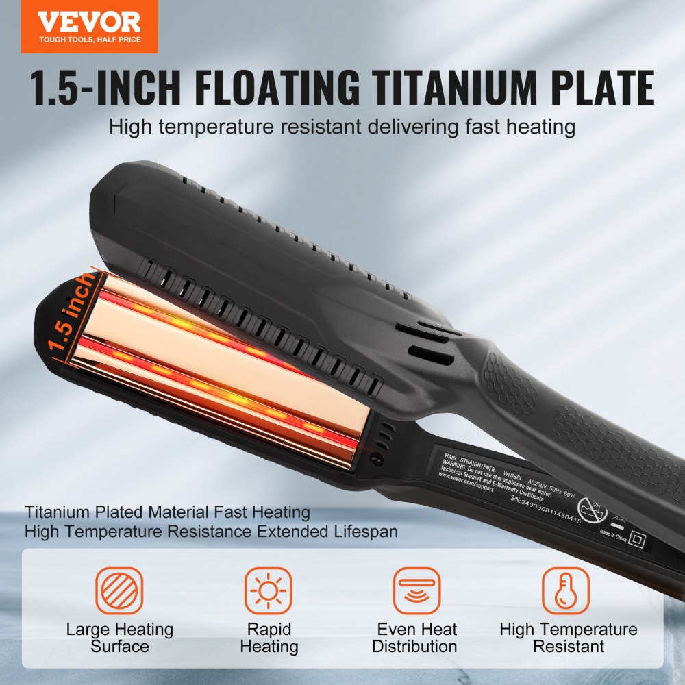 VEVOR Hair Straightener, 1.5-inch Titanium Flat Iron, Dual Infrared Hair Straightener Flat Iron with LCD Display and 19
