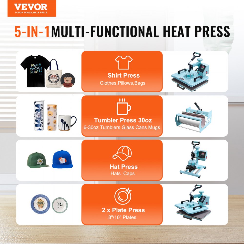 VEVOR Heat Press Machine, 12 x 15 inch, 5 in 1 Heat Transfer Machine with 30 oz Tumbler Press, 360° Swing Away T-Shirt