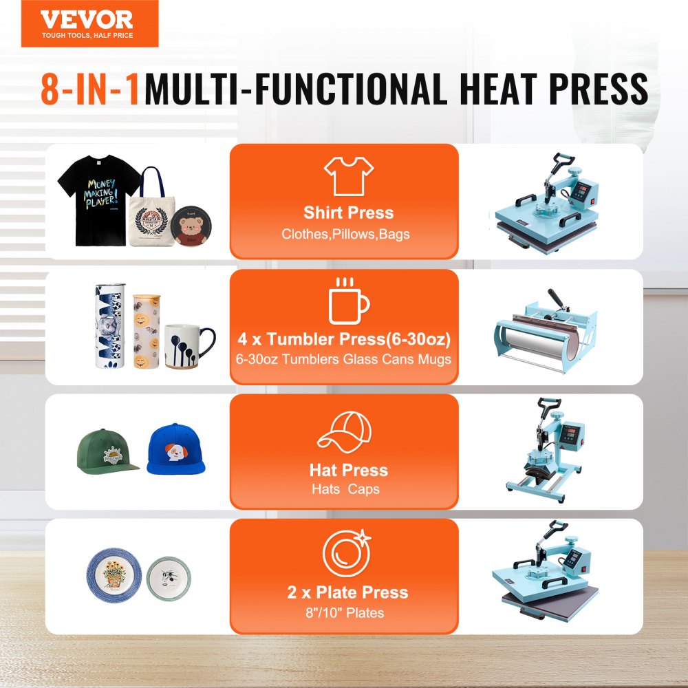 VEVOR Heat Press Machine, 15 x 15 inch, 5 in 1 Heat Transfer Machine with 30 oz Tumbler Press, 360° Swing Away T-Shirt