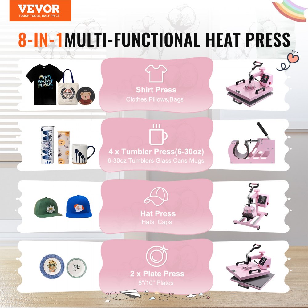 VEVOR Heat Press Machine, 15 x 15 inch, 5 in 1 Heat Transfer Machine with 30 oz Tumbler Press, 360° Swing Away T-Shirt
