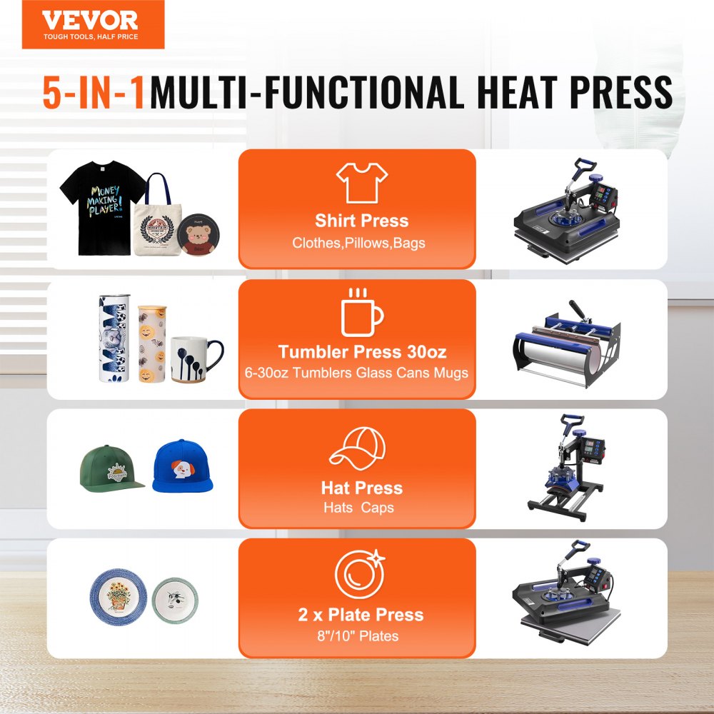 VEVOR Heat Press Machine, 15 x 15 inch, 8 in 1 Heat Transfer Machine with 30 oz Tumbler Press, 360° Swing Away Digital