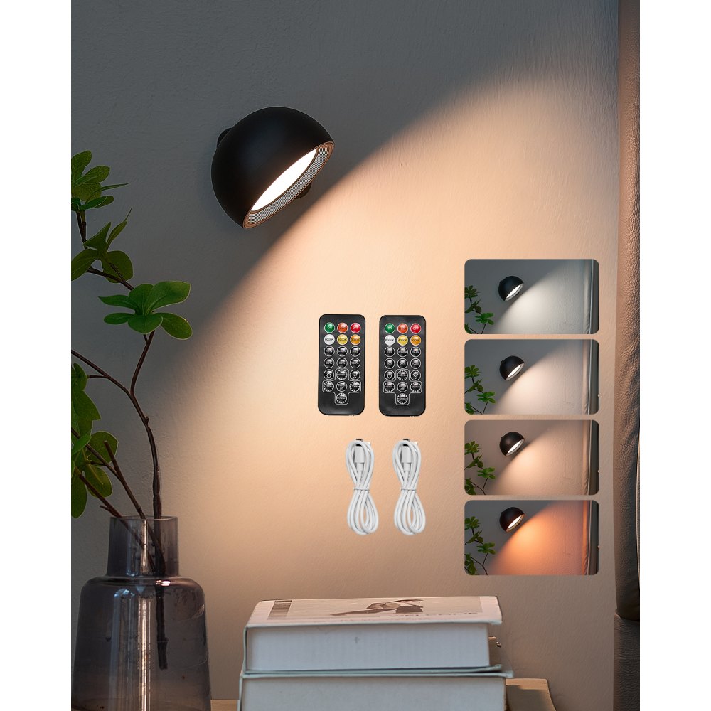 VEVOR 2PCS LED Wall Sconces, Rechargeable Battery Operated Wall Sconces Lamps with Remote Control, 360° Rotation