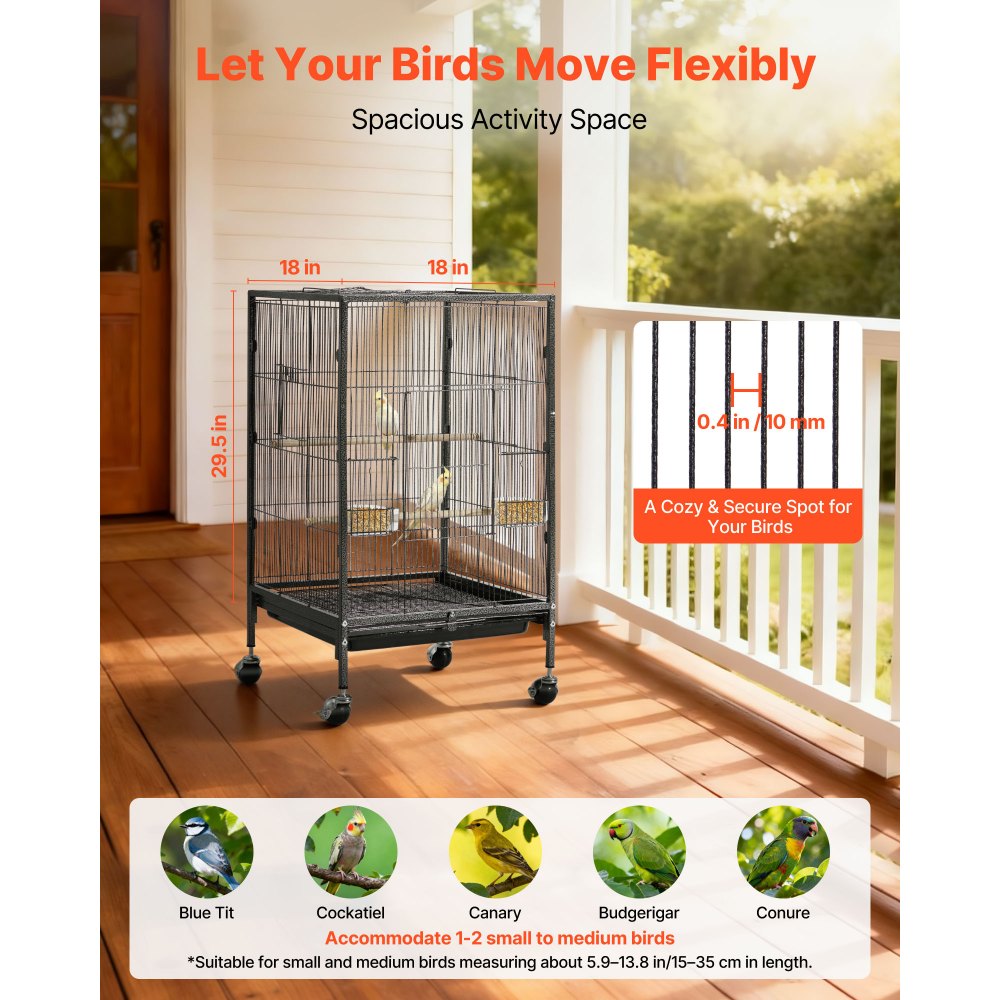 VEVOR Bird Cage, 18 x 18 x 30 inch, Open Flat Top, Wrought Iron Bird Flight Cage with Perches, Slide-Out Tray and