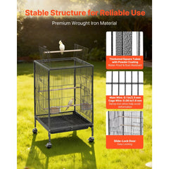 VEVOR Bird Cage, 18 x 18 x 30 inch, Open Flat Top, Wrought Iron Bird Flight Cage with Perches, Slide-Out Tray and