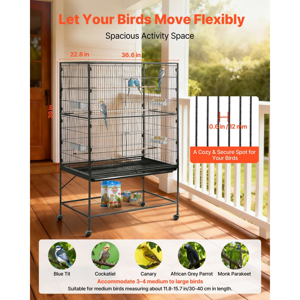 VEVOR Bird Cage, 36.6 x 22.8 x 59.5 inch, Flat Top, Wrought Iron Bird Flight Cage with Perches, Slide-Out Tray and
