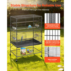VEVOR Bird Cage, 36.6 x 22.8 x 59.5 inch, Flat Top, Wrought Iron Bird Flight Cage with Perches, Slide-Out Tray and