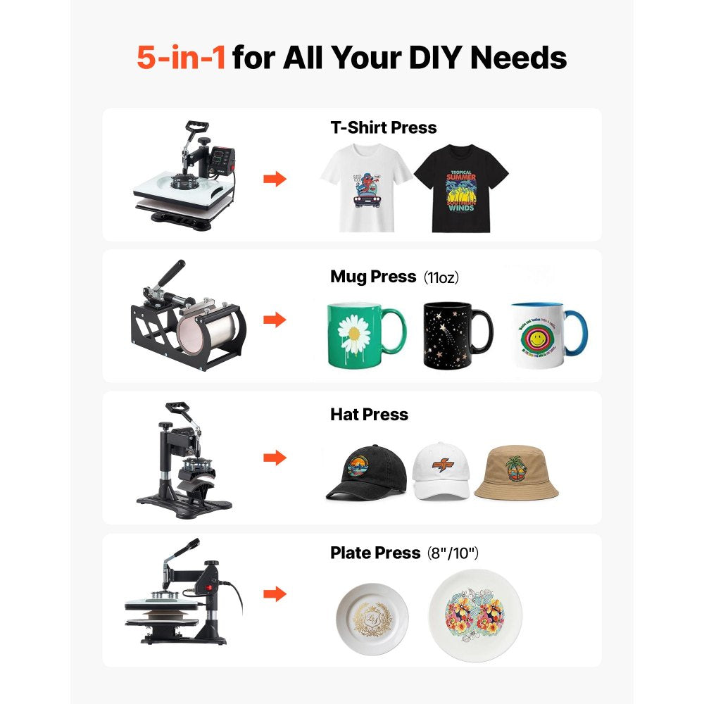 VEVOR Heat Press Machine 12 x 15 in 5-in-1 Combo Sublimation Press Machine, Heat Up Fast and Even, Digital Precise Time