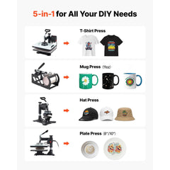 VEVOR Heat Press Machine 12 x 15 in 5-in-1 Combo Sublimation Press Machine, Heat Up Fast and Even, Digital Precise Time