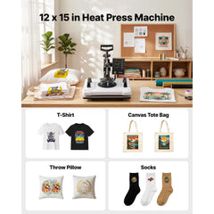 VEVOR Heat Press Machine 12 x 15 in Sublimation Press Machine Swing Away, Heat Up Fast and Even, Digital Precise Time