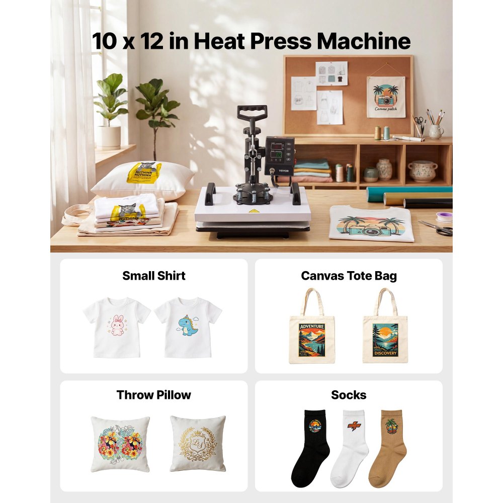 VEVOR Heat Press Machine 12 x 10 in Sublimation Press Machine Swing Away, Heat Up Fast and Even, Digital Precise Time