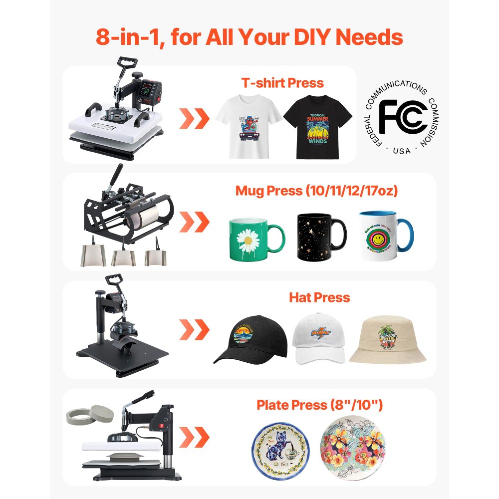 VEVOR Heat Press Machine, 15 x 15 in, 8-in-1 Multifunction, 360° Swing Away, Heat Up Fast and Even, Digital Precise
