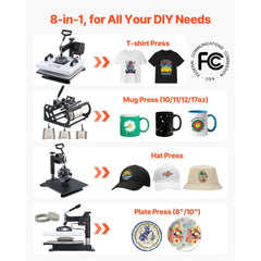 VEVOR Heat Press Machine, 15 x 15 in, 8-in-1 Multifunction, 360° Swing Away, Heat Up Fast and Even, Digital Precise