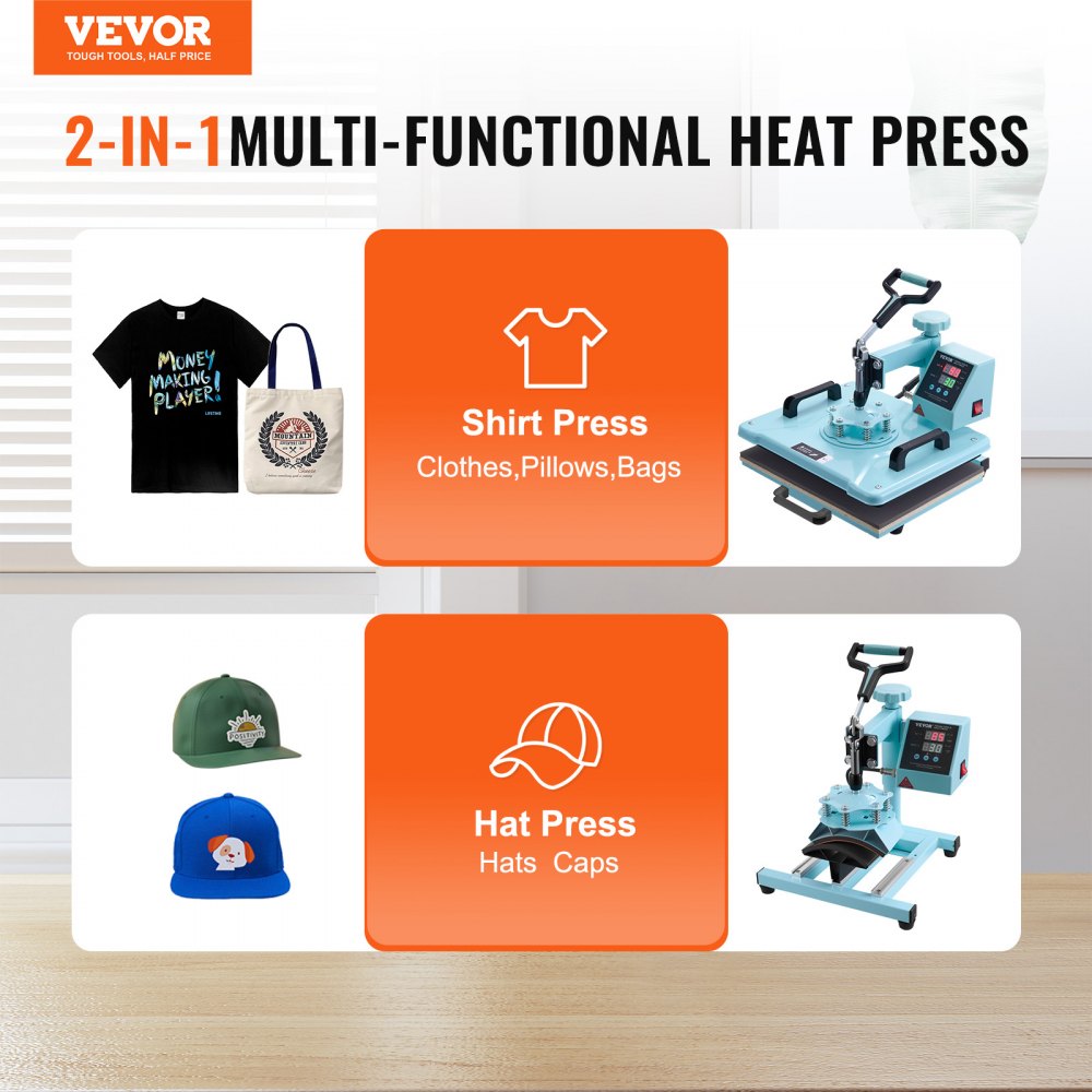 VEVOR Heat Press Machine, 12 x 15 inch, 2 in 1 Heat Transfer Machine with Hat Press, 360° Swing Away T-Shirt Pressing