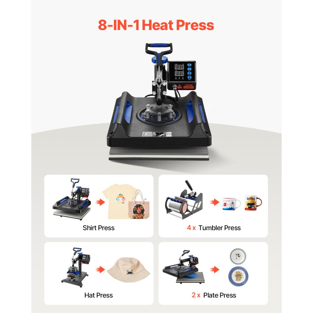 VEVOR Heat Press Machine 8 in 1 Combo, Heat Press 15x15 in, Swing Away T Shirt Printing Machine Digital Control