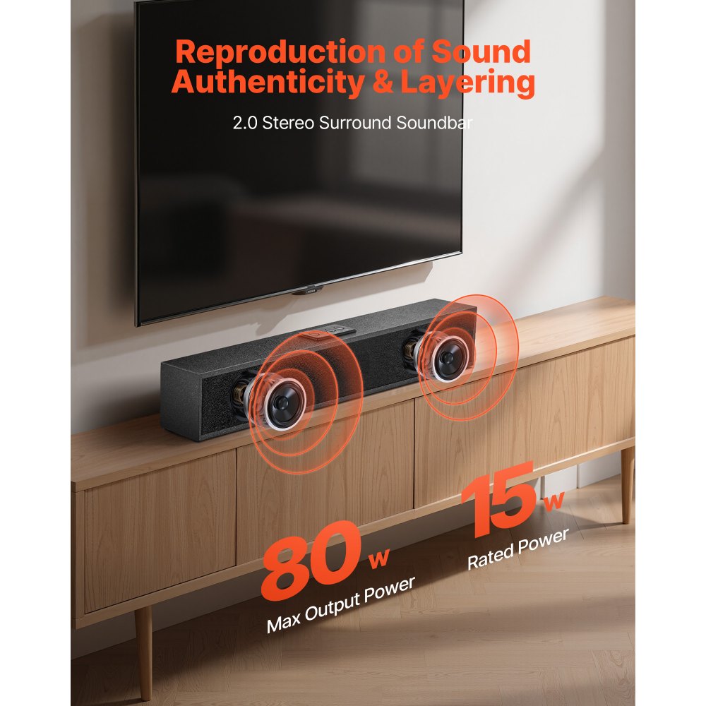 VEVOR Sound Bar for Smart TV, 2.0 Channel, 24-Inch Compact Soundbar TV Speakers for Projector, Bluetooth AUX