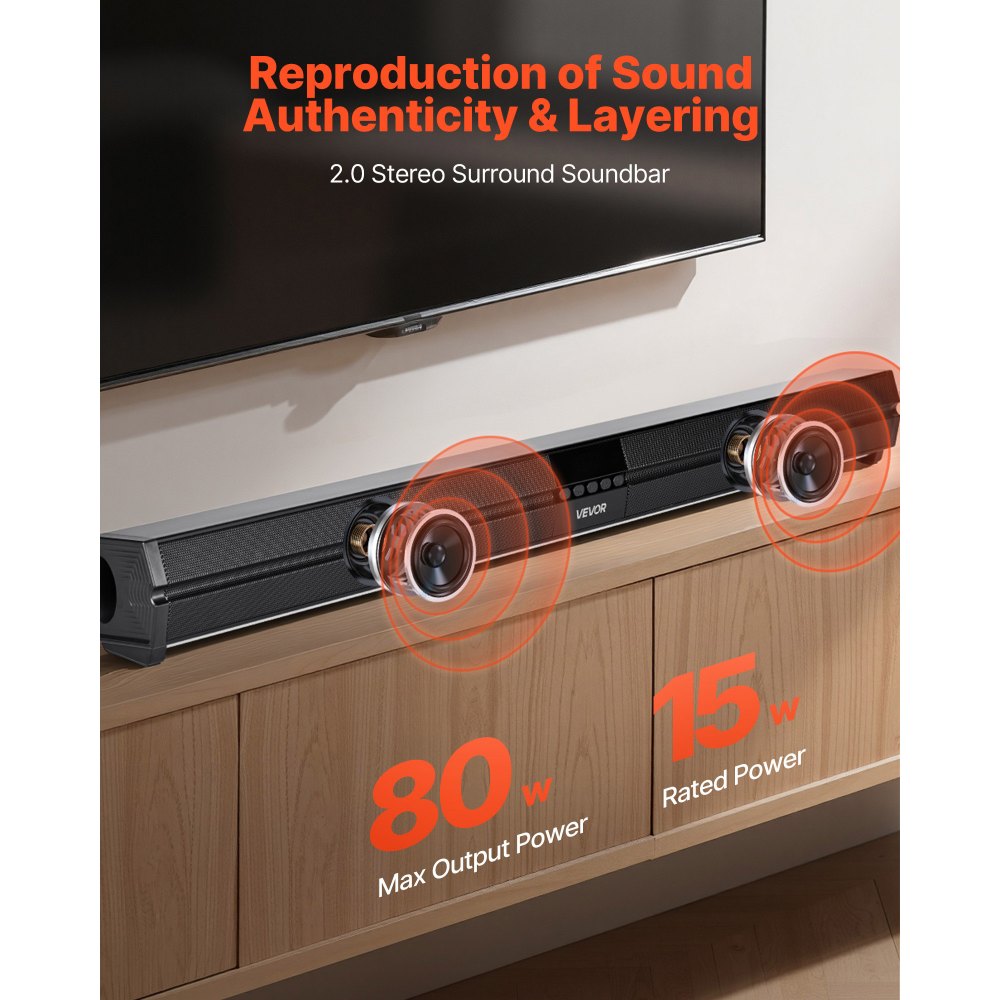 VEVOR Sound Bar for Smart TV, 2.0 Channel, 32-Inch Compact Soundbar TV Speakers for Projector, Bluetooth AUX