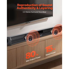VEVOR Sound Bar for Smart TV, 2.0 Channel, 32-Inch Compact Soundbar TV Speakers for Projector, Bluetooth AUX
