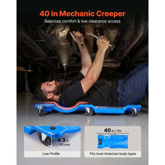 VEVOR 40 in Mechanic Creeper with LED Light, Low Profile Plastic Garage Creeper, 350 lbs Under Car Rolling Creeper with