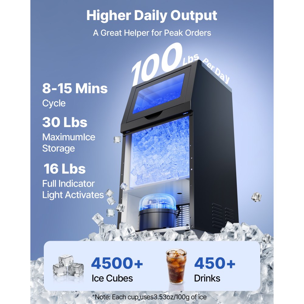 VEVOR Commercial Ice Maker Machine, 100 lbs/24h with 30 lbs Storage Capacity, Built-in/Freestanding/Under Counter