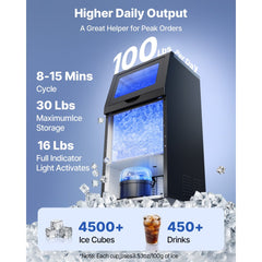 VEVOR Commercial Ice Maker Machine, 100 lbs/24h with 30 lbs Storage Capacity, Built-in/Freestanding/Under Counter