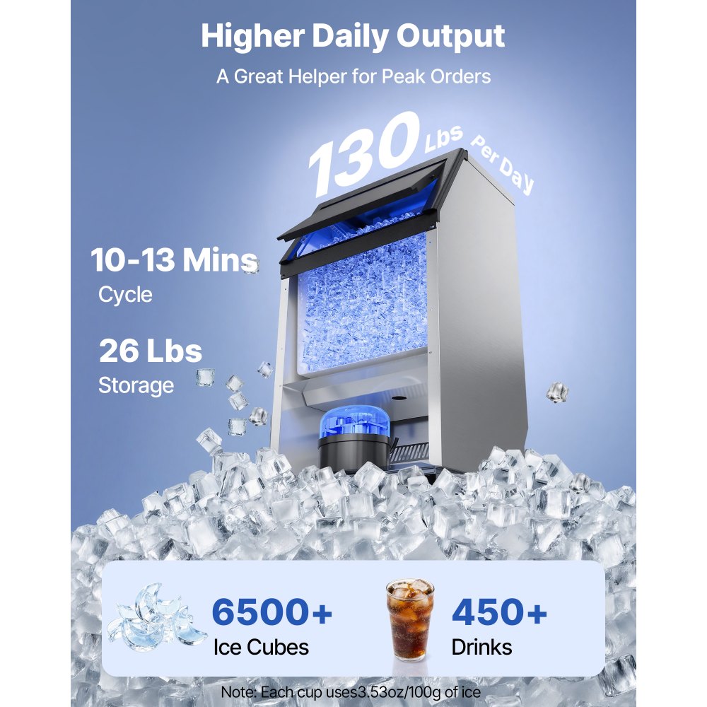 VEVOR Commercial Ice Maker Machine, 100 lbs/24h with 26 lbs Storage Capacity, Built-in/Freestanding/Under Counter
