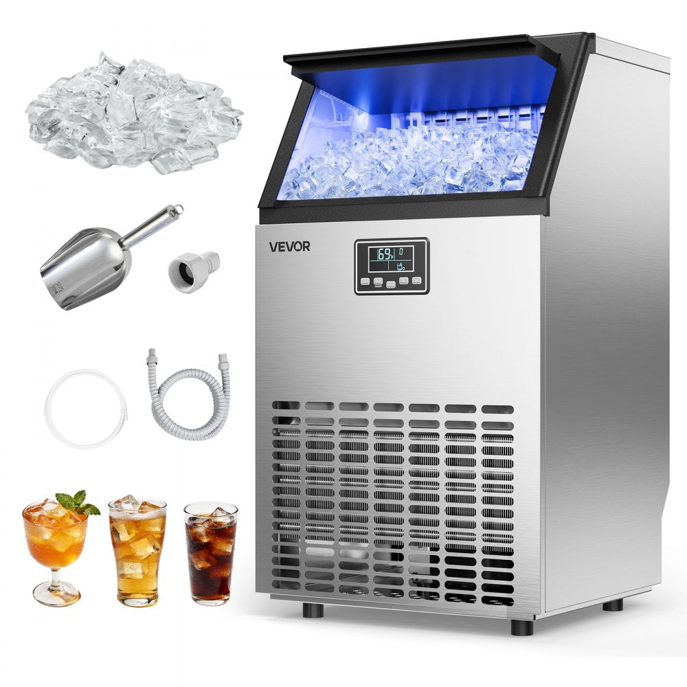 VEVOR Commercial Ice Maker Machine, 100 lbs/24h with 26 lbs Storage Capacity, Built-in/Freestanding/Under Counter