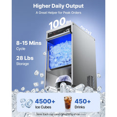 VEVOR Commercial Ice Maker Machine, 100 lbs/24h with 30-35 lbs Storage, Built-in/Freestanding/Under Counter, Stainless