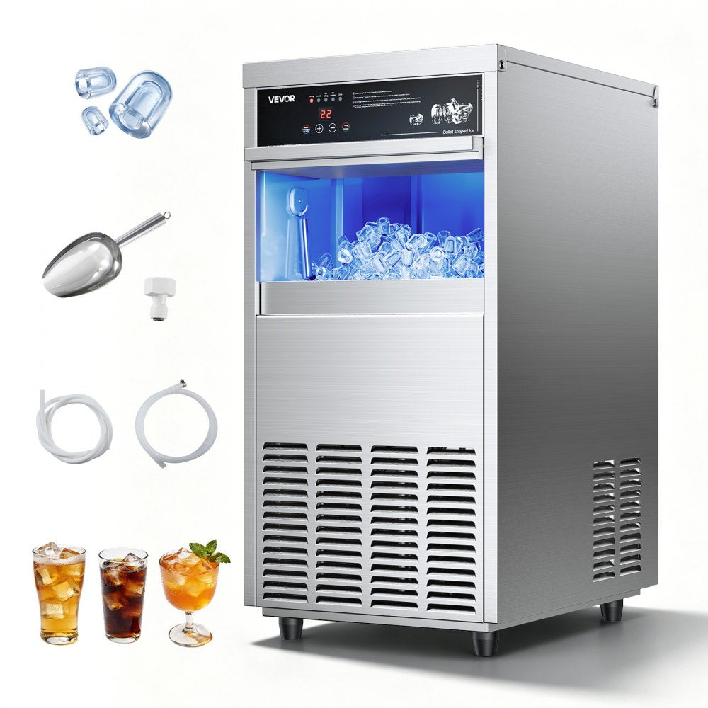 VEVOR Commercial Ice Maker Machine, 100 lbs/24h with 30-35 lbs Storage, Built-in/Freestanding/Under Counter, Stainless