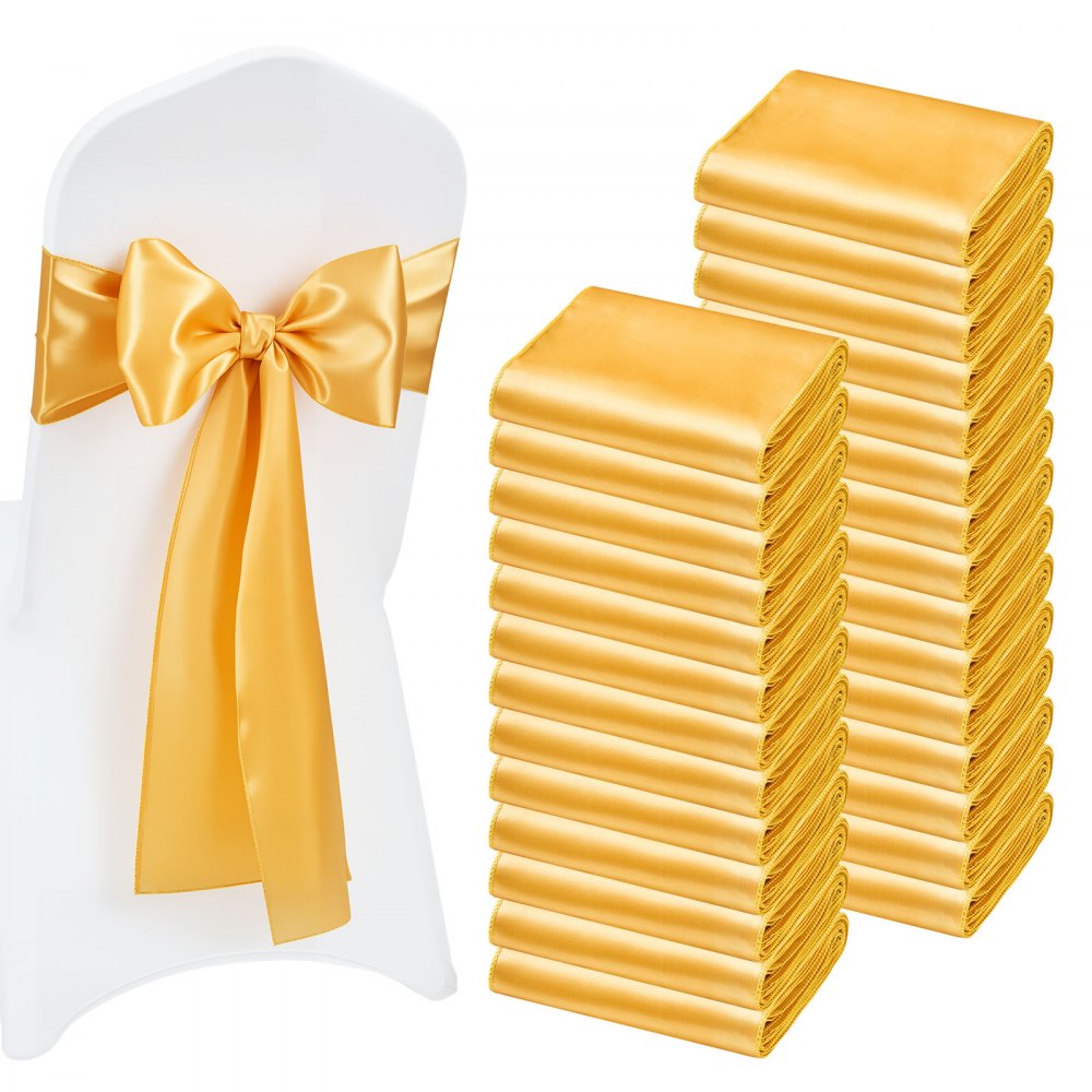 VEVOR Satin Chair Sashes Bows, 100PCS Chair Ribbon Ties Back Sash, 7 x 108 inch, Gold Wedding Reception Decoration, for