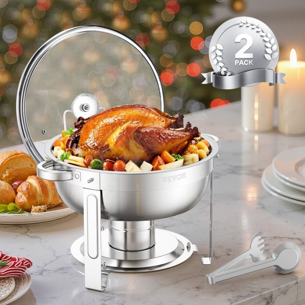 VEVOR Chafing Dish Buffet Set, 5 Qt 2 Pack, Stainless Steel Chafer with 2 Full Size Pan, Round Catering Warmer Server