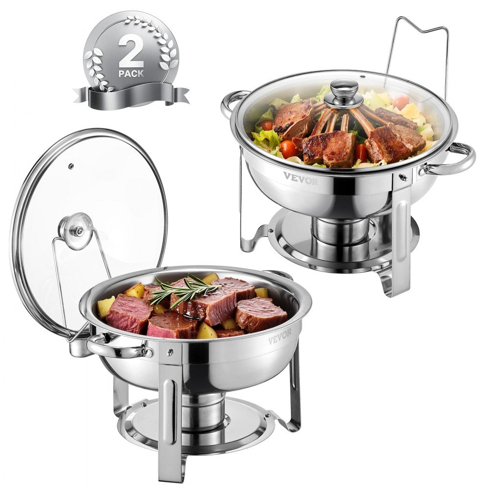 VEVOR Chafing Dish Buffet Set, 5 Qt 2 Pack, Stainless Steel Chafer with 2 Full Size Pan, Round Catering Warmer Server