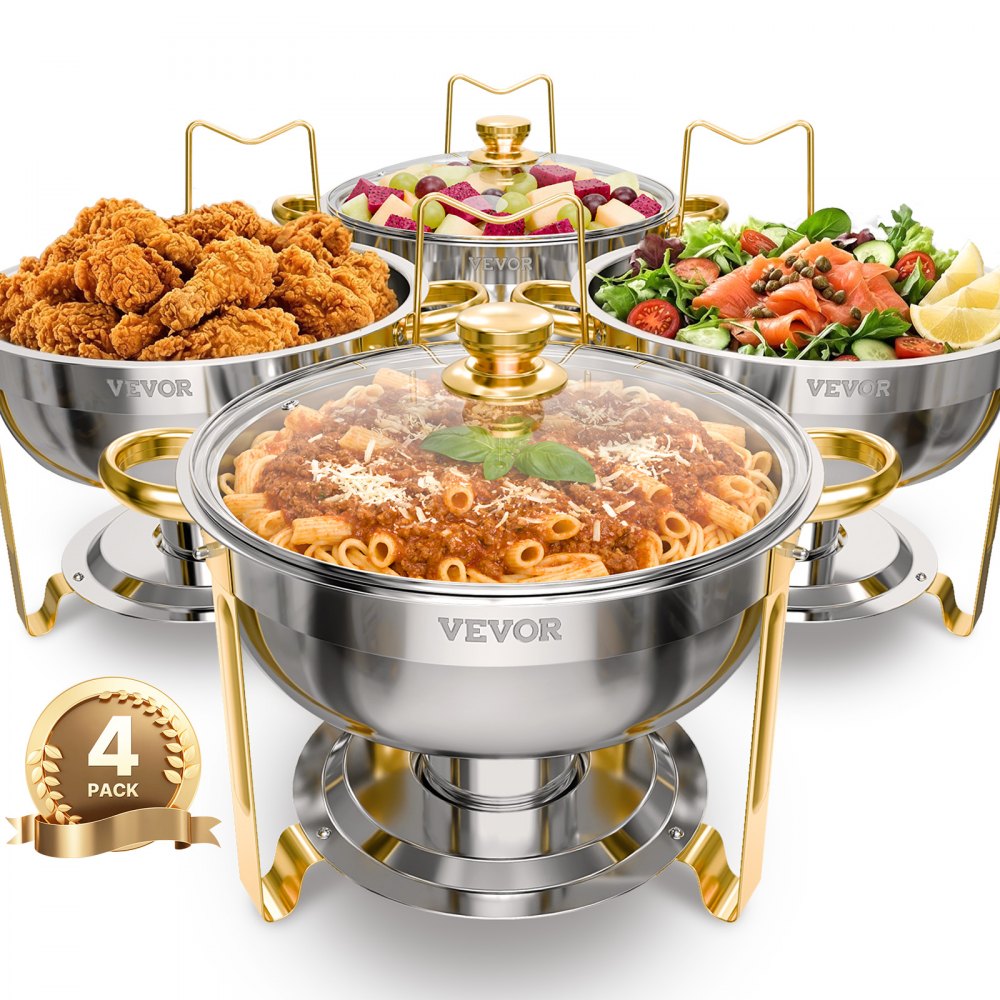 VEVOR Chafing Dish Buffet Set, 5 Qt 4 Pack, Stainless Steel Chafer with 4 Full Size Pan, Round Catering Warmer Server