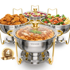 VEVOR Chafing Dish Buffet Set, 5 Qt 4 Pack, Stainless Steel Chafer with 4 Full Size Pan, Round Catering Warmer Server
