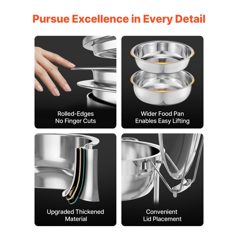 VEVOR Chafing Dish Buffet Set, 5 Qt 4 Pack, Stainless Steel Chafer with 4 Full Size Pan, Round Catering Warmer Server