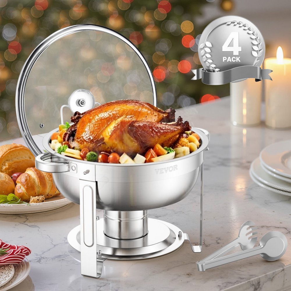VEVOR Chafing Dish Buffet Set, 5 Qt 4 Pack, Stainless Steel Chafer with 4 Full Size Pan, Round Catering Warmer Server