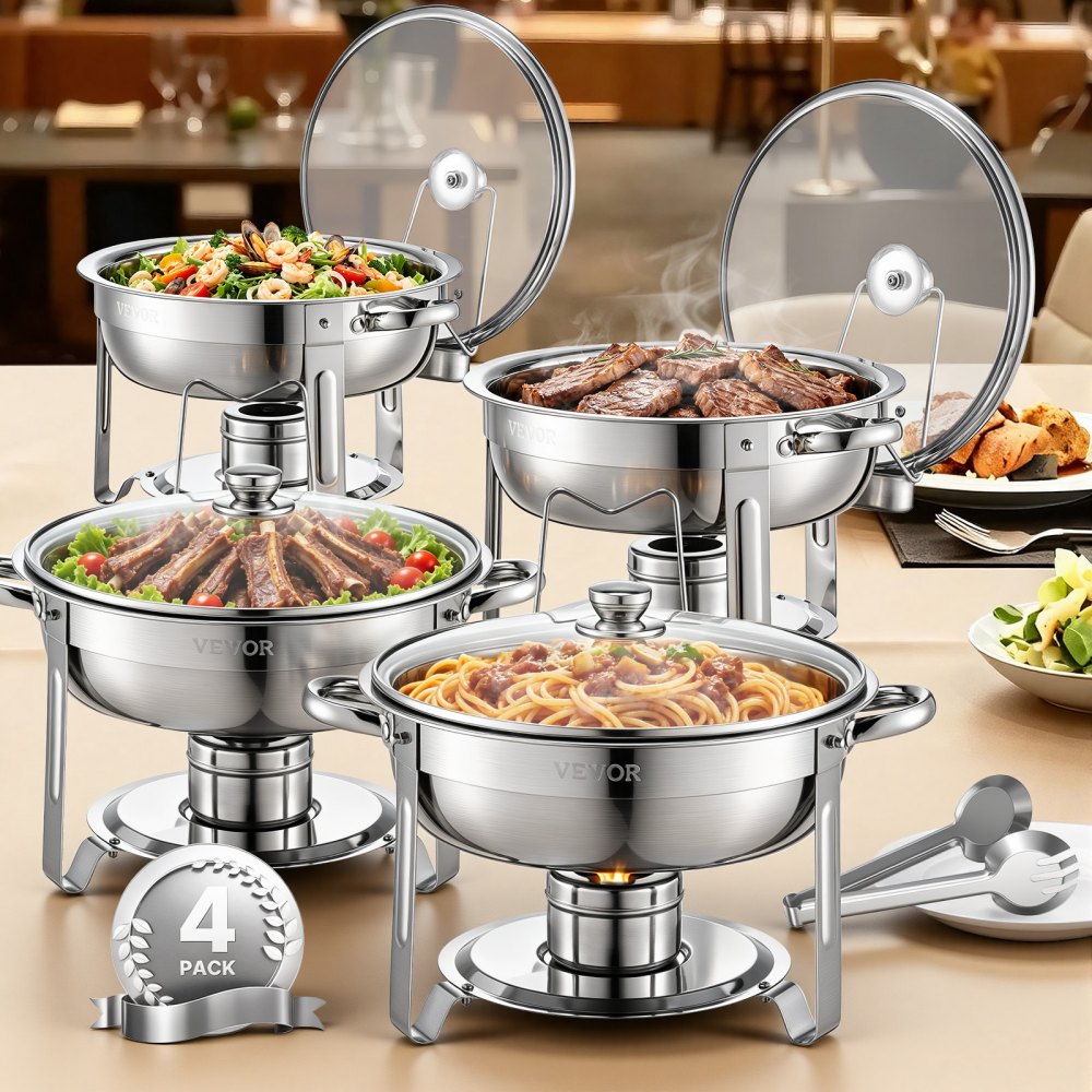 VEVOR Chafing Dish Buffet Set, 5 Qt 4 Pack, Stainless Steel Chafer with 4 Full Size Pan, Round Catering Warmer Server