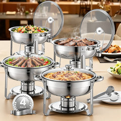VEVOR Chafing Dish Buffet Set, 5 Qt 4 Pack, Stainless Steel Chafer with 4 Full Size Pan, Round Catering Warmer Server