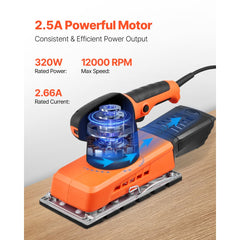 VEVOR Sheet Sander, 1/2 Sheet 2.5A Electric Sander for Woodworking, Max. 12000RPM Variable Speed Sheet Finishing Sander