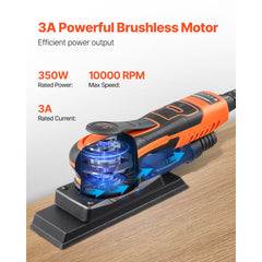 VEVOR Sheet Sander, 3/8 Sheet 3A EC Brushless Sander, Max. 10000RPM Variable Speed Sheet Finishing Sander with 10PCS