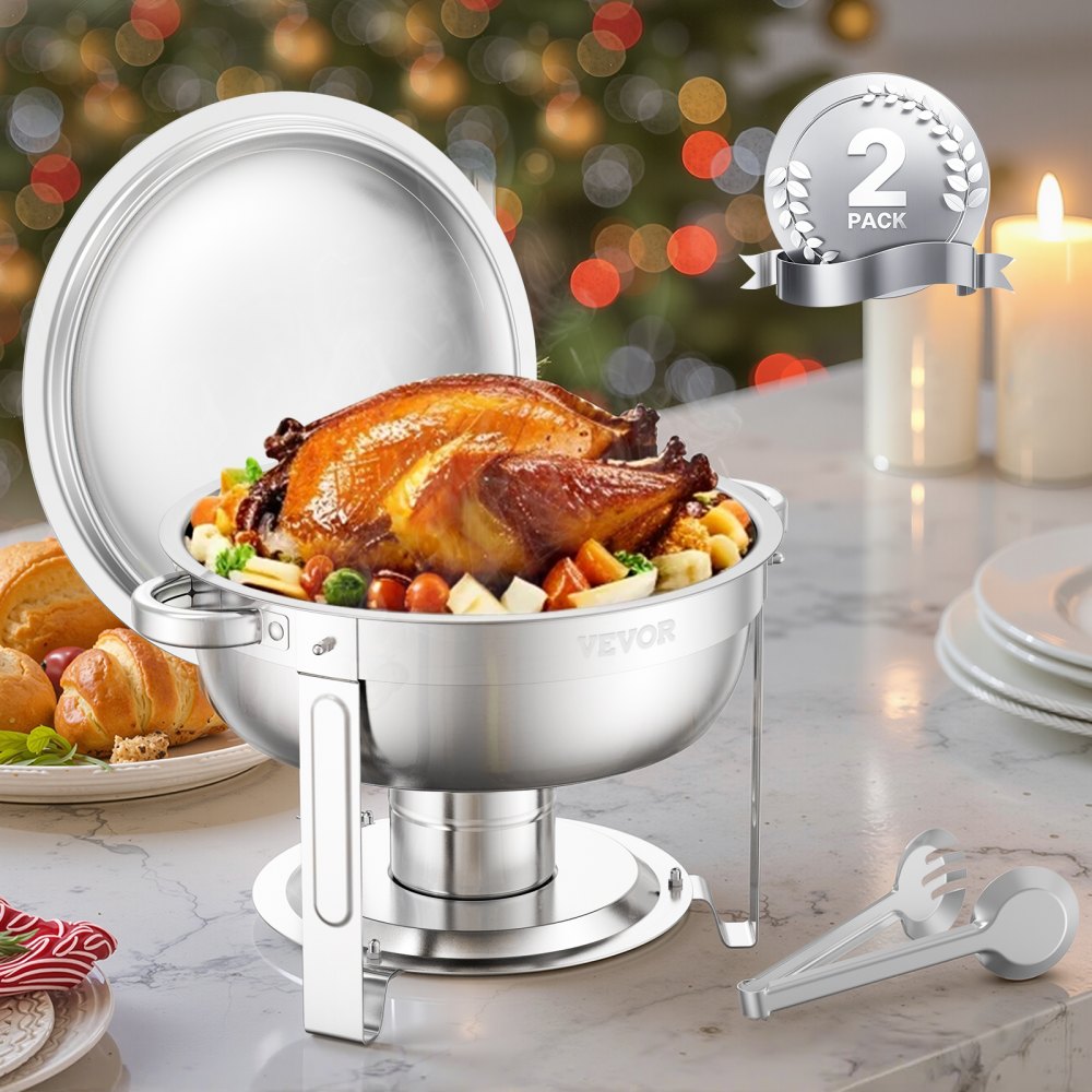 VEVOR Chafing Dish Buffet Set, 5 Qt 2 Pack, Stainless Steel Chafer with 2 Full Size Pans, Round Catering Warmer Server